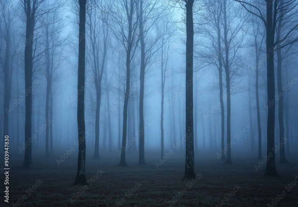 A foggy woodland scene with silhouettes of trees barely visible through the dense mist, evoking a sense of mystery A foggy woodland scene with silhouettes of trees barely visible through the dense mist, evoking a sense of mystery