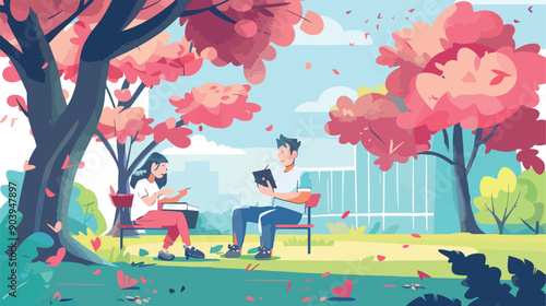Serene University Campus Park Scene with Man and Girl Relaxing Outdoors