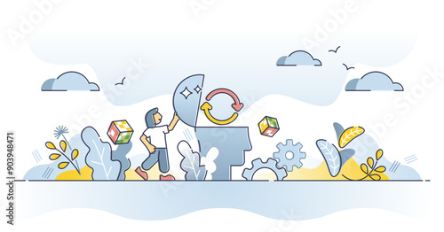 Conclusion and content overview or information rethinking outline concept, transparent background. Summary results processing, data analysis and learning process illustration.