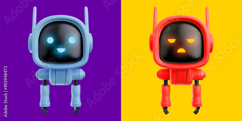 Happy and sad robot in realistic 3d style. Set of cute cartoon character design or technology mascot.