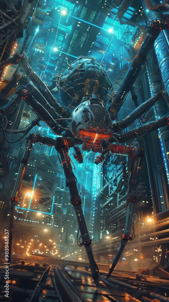 An ultra-futuristic cyberpunk spider with glowing red eyes in a dark sci-fi setting. An ultra-futuristic cyberpunk spider with glowing red eyes in a dark sci-fi setting.