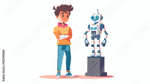 Boy in Robotics Competitions with his Robot Companion