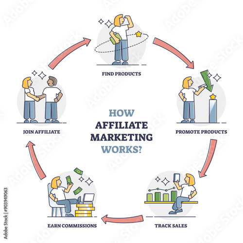 How affiliate marketing works with process stages explanation outline diagram, transparent background. Labeled educational description.