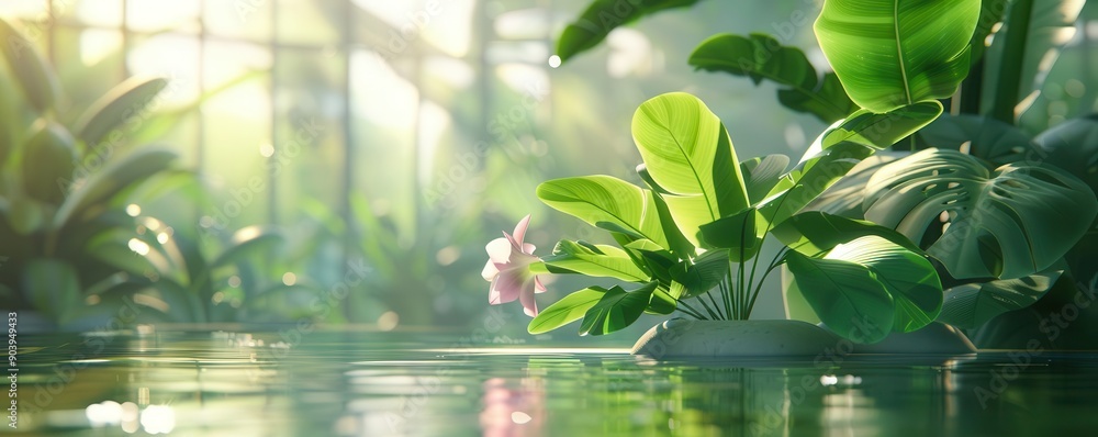 Tranquil green foliage reflecting on still water. Tranquil green foliage reflecting on still water.