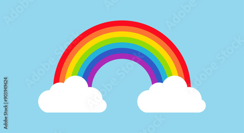 Rainbow vector icon. Rainbow with clouds icon. Colors red, orange, yellow, green, blue, dark blue and purple. Vector illustration.