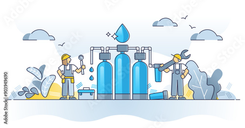 Water purification plant system for clean, fresh and safe drinking outline concept, transparent background. Pipeline station process with dirty.