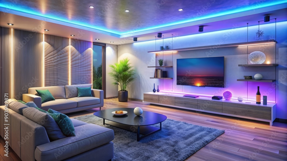custom made wallpaper toronto digitalModern living room ambiance exudes futuristic charm with ambient smart technology, color-changing LED lights behind sleek TV, smart speaker, wall-mounted thermostat, and discreet IoT devices.