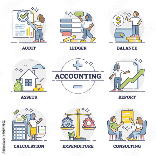 Accounting duties collection as financial audit occupation work outline set, transparent background.Company profit balance management and calculation illustration.