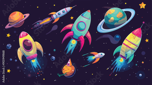 Vibrant Cartoon Space Icons with Rockets and Planets