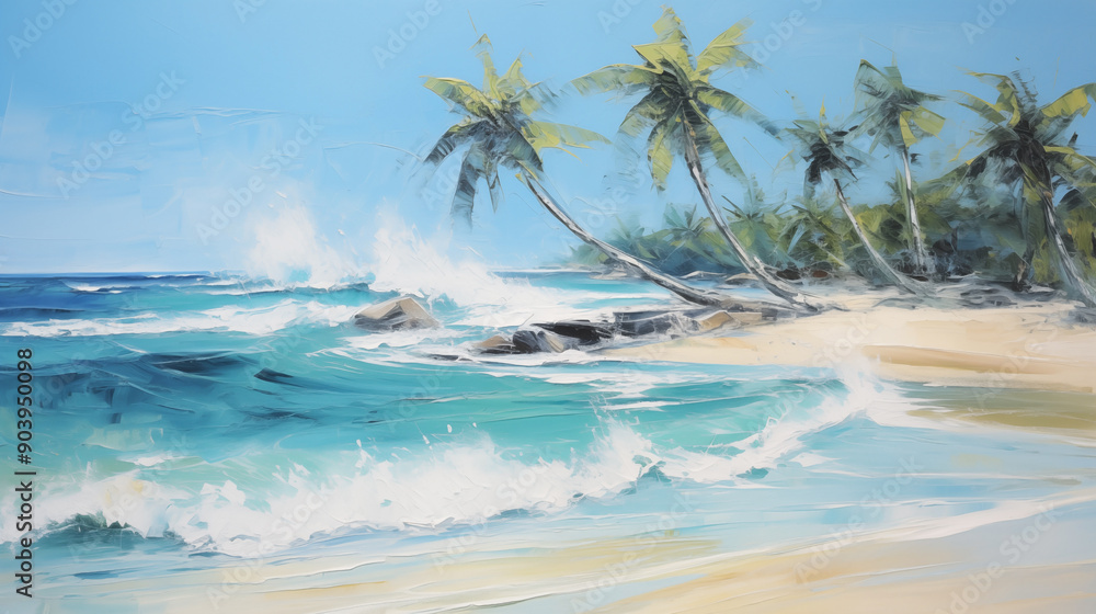 Fototapeta premium Tropical beach landscape with palm trees and gentle waves under a bright summer sky