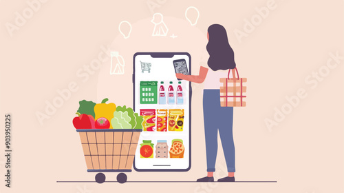 Convenient Mobile Payment: Woman Scanning Code to Pay for Groceries with Smartphone