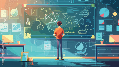 Educational Video Lesson Concept: Man standing at blackboard with geometric shapes