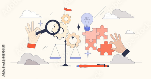 Systems of thinking with analytical approach tiny person neubrutalism concept. Logic and critical thinking for information management and analytics vector illustration. Cognitive strategy for mind.