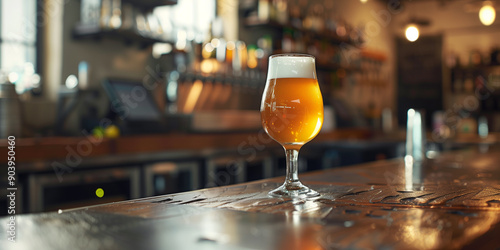 Clear glass of pale ale on a bar counter, bubbles rising steadily photo