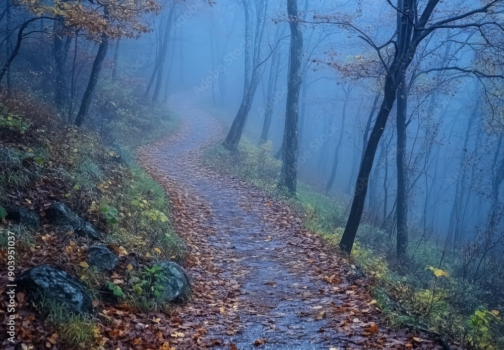 Fototapeta premium A forest path disappearing into the fog, with tree branches and leaves covered in dew, creating a serene and otherworldly ambiance