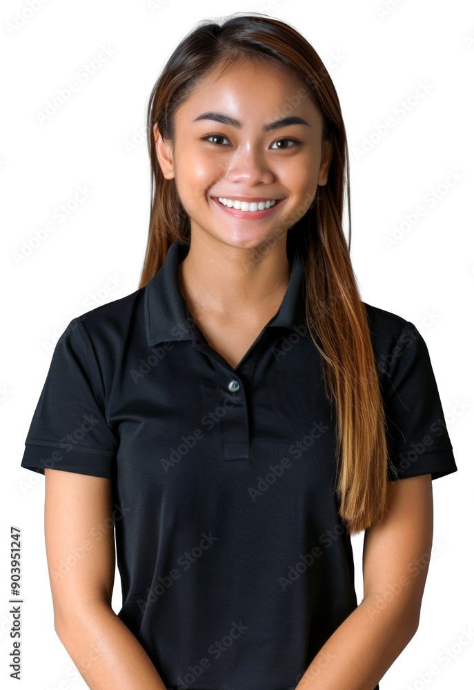 Philippine young female worker wearing a black polo shirt, looking confident and approachable. Philippine young female worker wearing a black polo shirt, looking confident and approachable.