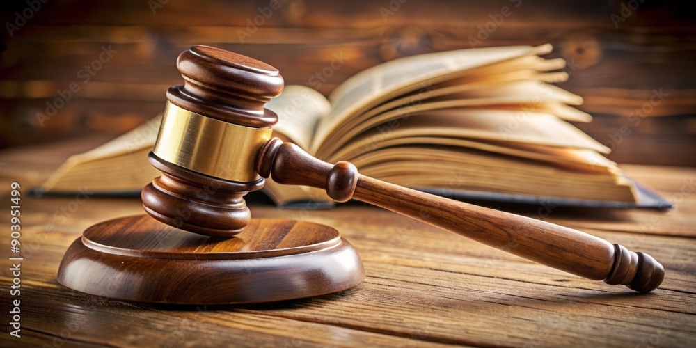 A majestic wooden gavel lies open on a traditional law book, symbolizing fairness and justice in a serene and empty courtroom setting, devoid of human presence. A majestic wooden gavel lies open on a traditional law book, symbolizing fairness and justice in a serene and empty courtroom setting, devoid of human presence.