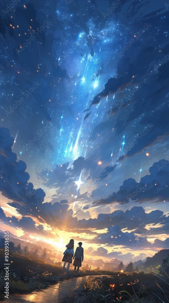 Craft a mesmerizing scene of a couple stargazing at eye level, their love mirroring the vast cosmos, painted in dreamy impressionistic strokes evoking a cosmic ballet, Craft a mesmerizing scene of a couple stargazing at eye level, their love mirroring the vast cosmos, painted in dreamy impressionistic strokes evoking a cosmic ballet,