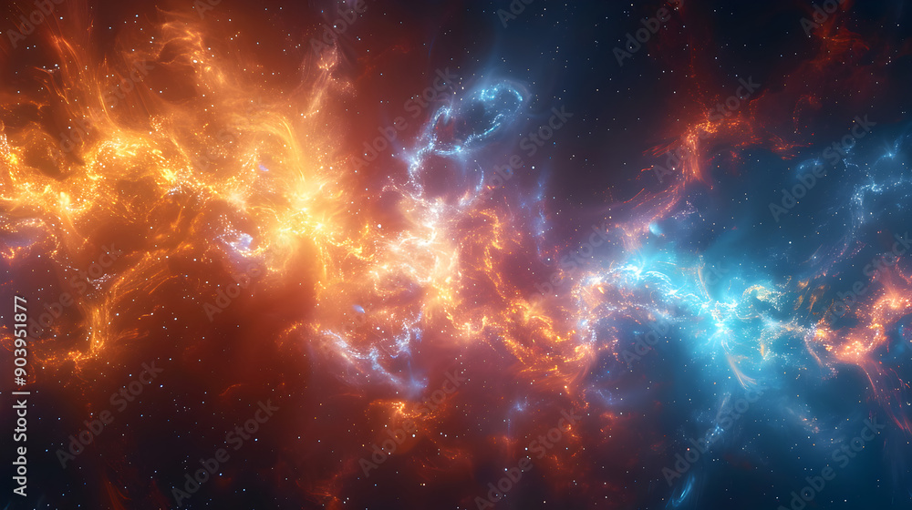 Obraz premium A cosmic nebula featuring a palette of cool blues and warm oranges, with swirling patterns and smoky textures, symbolizing the infinite and ever-changing nature of the universe 
