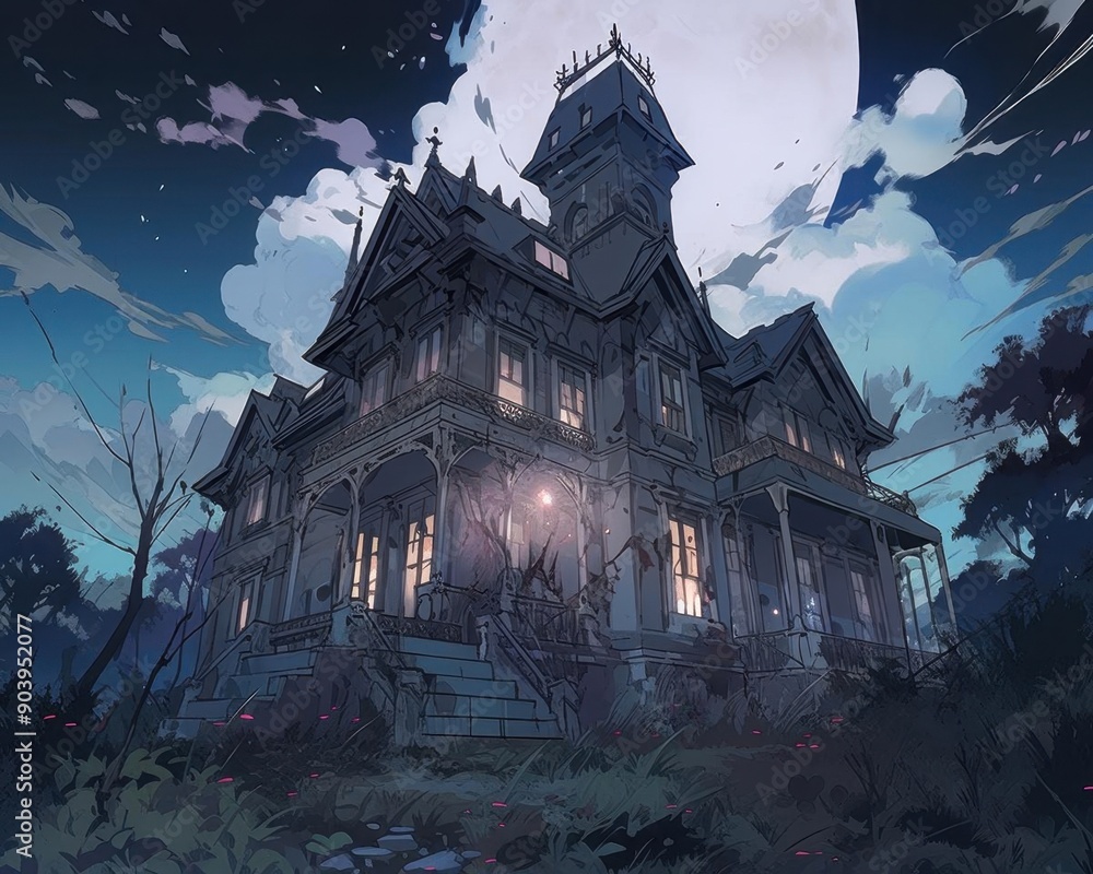 A large, creepy house sits on a hill, surrounded by a dark forest A large, creepy house sits on a hill, surrounded by a dark forest