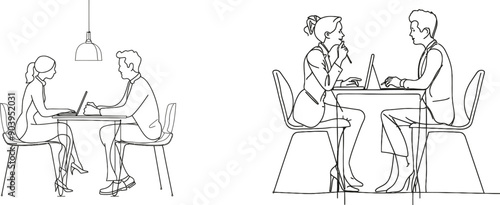 Graphite sketch of woman journalist interviewing man at desk. Microphone, discussion, speech. Social media, communication concept. Dynamic one-line sketch. Modern illustration.