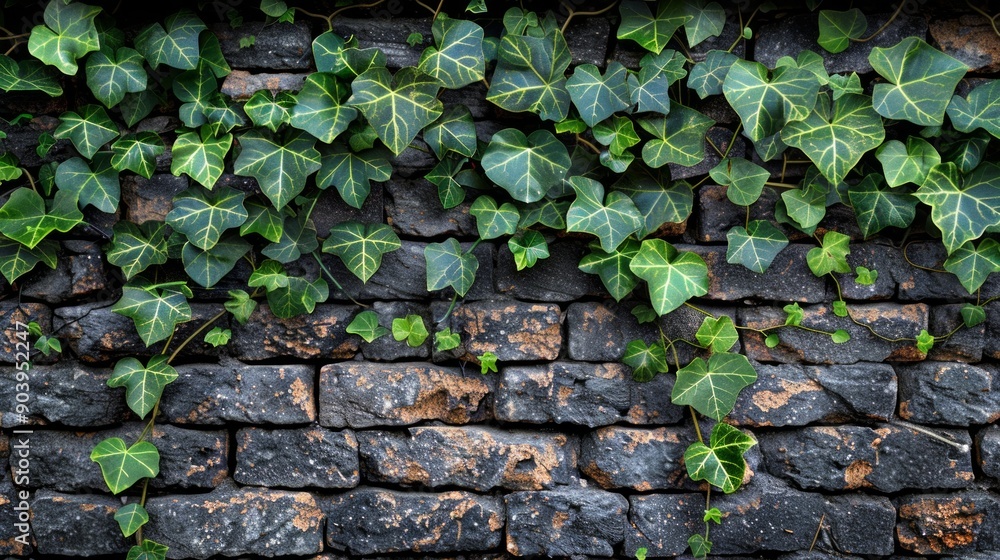A close-up of a brick wall with ivy growing on it, AI Generative