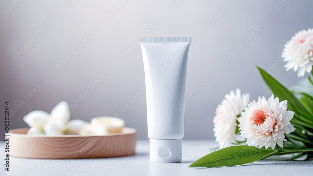 White cosmetic tube standing with roses and peonies on marble table White cosmetic tube standing with roses and peonies on marble table