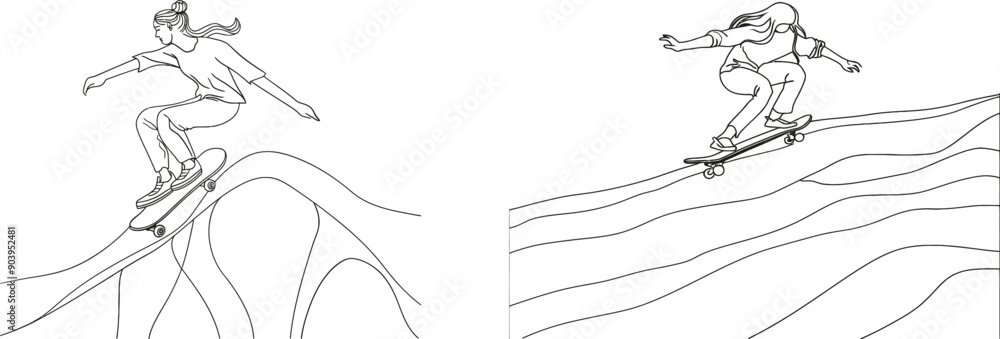 A young cool skateboarder riding skates and performing tricks in a skate park. A modern graphic illustration of a trendy one line design. A young cool skateboarder riding skates and performing tricks in a skate park. A modern graphic illustration of a trendy one line design.