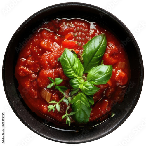 round saucer with Italian marinara sauce, top view, sauce for meat, fish and fast food, no or white isolated background, realistic photo for cafe or restaurant menu photo