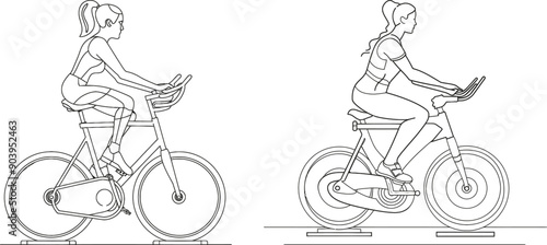 A stylish one-line drawing of a young athletic woman, training endurance with a static bike. Concept of fitness stretching in a gym club.