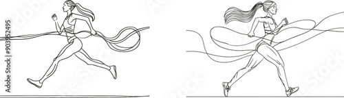 Running woman in a race with a single straight line drawing. Sport sprint concept with a healthy lifestyle. Trendy one-line drawing graphic design illustration.