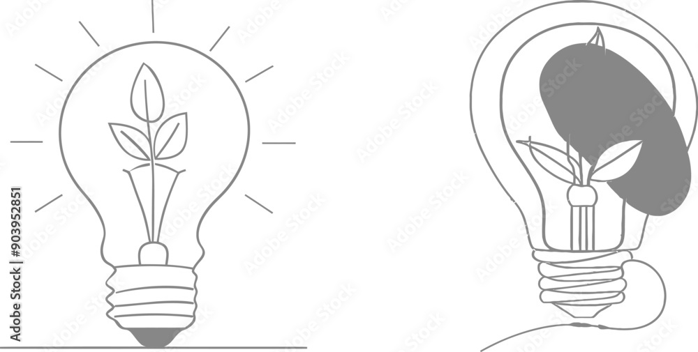 Clean lightbulb with green leaf organic plant inside icon logo emblem concept. Ecology safe symbol logotype template. Modern graphic illustration in single line draw. Clean lightbulb with green leaf organic plant inside icon logo emblem concept. Ecology safe symbol logotype template. Modern graphic illustration in single line draw.