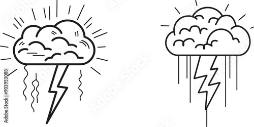 Drawing of a flashing thunderbolt with heavy clouds in the sky. Natural weather phenomena concept. Graphic design modern illustration. Minimalist dynamic one-line drawing.