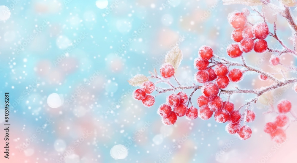 An illustration of red berries on a branch covered in snow. A festive background for a design. An illustration of red berries on a branch covered in snow. A festive background for a design.