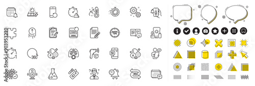 Set of Covid test, Article and Support consultant line icons for web app. Design elements, Social media icons. Vaccine announcement, 5g phone, Time management icons. Vector