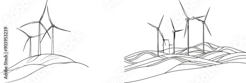In this continuous line art drawing style, wind turbines produce electricity in a hilly landscape. Renewable energy. Black linear design isolated on white.
