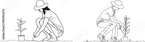 An illustration of a young female farmer planting plant shoots in the ground. Success in farming minimalist concept. Single line design modern graphic illustration of a young female farmer planting