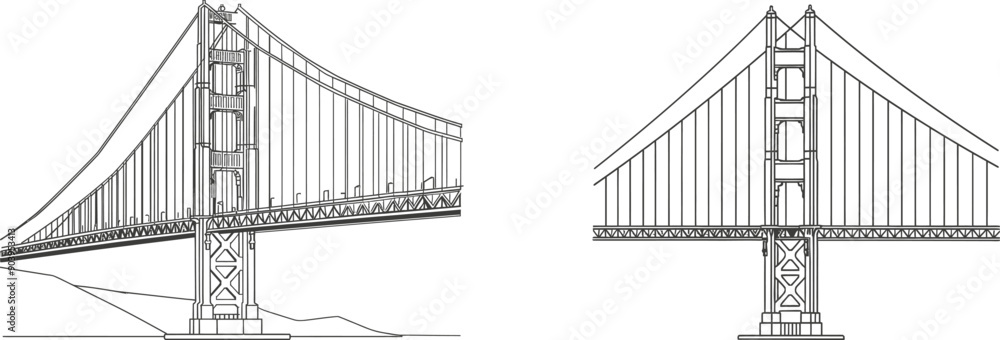 Fototapeta premium One line continuous bridge design over a river. Modern minimalist style isolated on white.