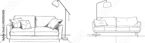 Home modern furniture of couch with two pillows in simple linear style. Editable stroke Modern illustration of sofa with lamp and potted deciduous plant.
