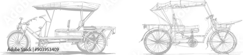 A one-line drawing of a rickshaw with three wheels and a rear passenger seat is an ancient vehicle found in several Asian countries. Modern continuous line drawing design graphic modern illustration.