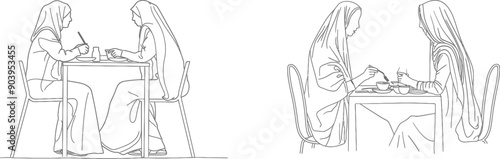 Young Arab couple having romantic dinner at table celebrating wedding anniversary. Dynamic one line drawing graphic design illustration.