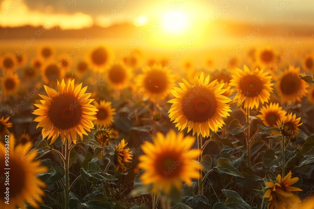Fototapeta premium A sunflower field at sunset, with rows of tall sunflowers facing the setting sun, AI Generative