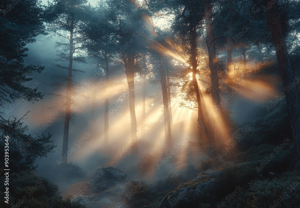 A mystical forest scene where the fog creates an almost dreamlike quality, with beams of sunlight filtering through the mist A mystical forest scene where the fog creates an almost dreamlike quality, with beams of sunlight filtering through the mist