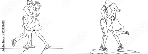 A continuous line drawing showing people dancing salsa. Couples dancing waltz tango salsa. Dynamic one line drawing in modern graphic design.