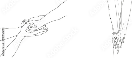 This continuous graphical illustration depicts two hands reaching for each other in a gesture of love, hope, caring, and helping.