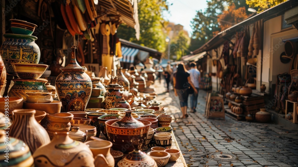 Fototapeta premium Open-air market with traders selling handmade pottery, artistic atmosphere