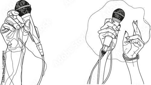 Intuitive one line graphic design modern illustration of a woman holding a microphone. TV reporter holding a microphone in her hand. One continuous line drawing on white background.