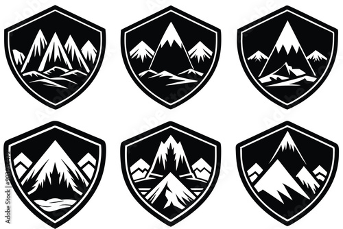 Set of mountain badge vector silhouette, majestic peaks, nature adventure logo, outdoor club symbol, scouting and hiking