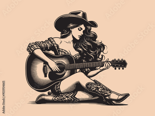 Beautiful young cowgirl woman plays the guitar. Engraving vintage vector illustration, monochrome black color. Woodcut	