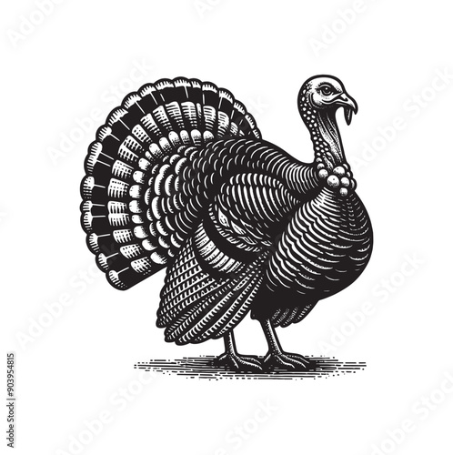 Turkey poultry.  Emblem, vintage engraving vector illustration. Monochrome, black and white